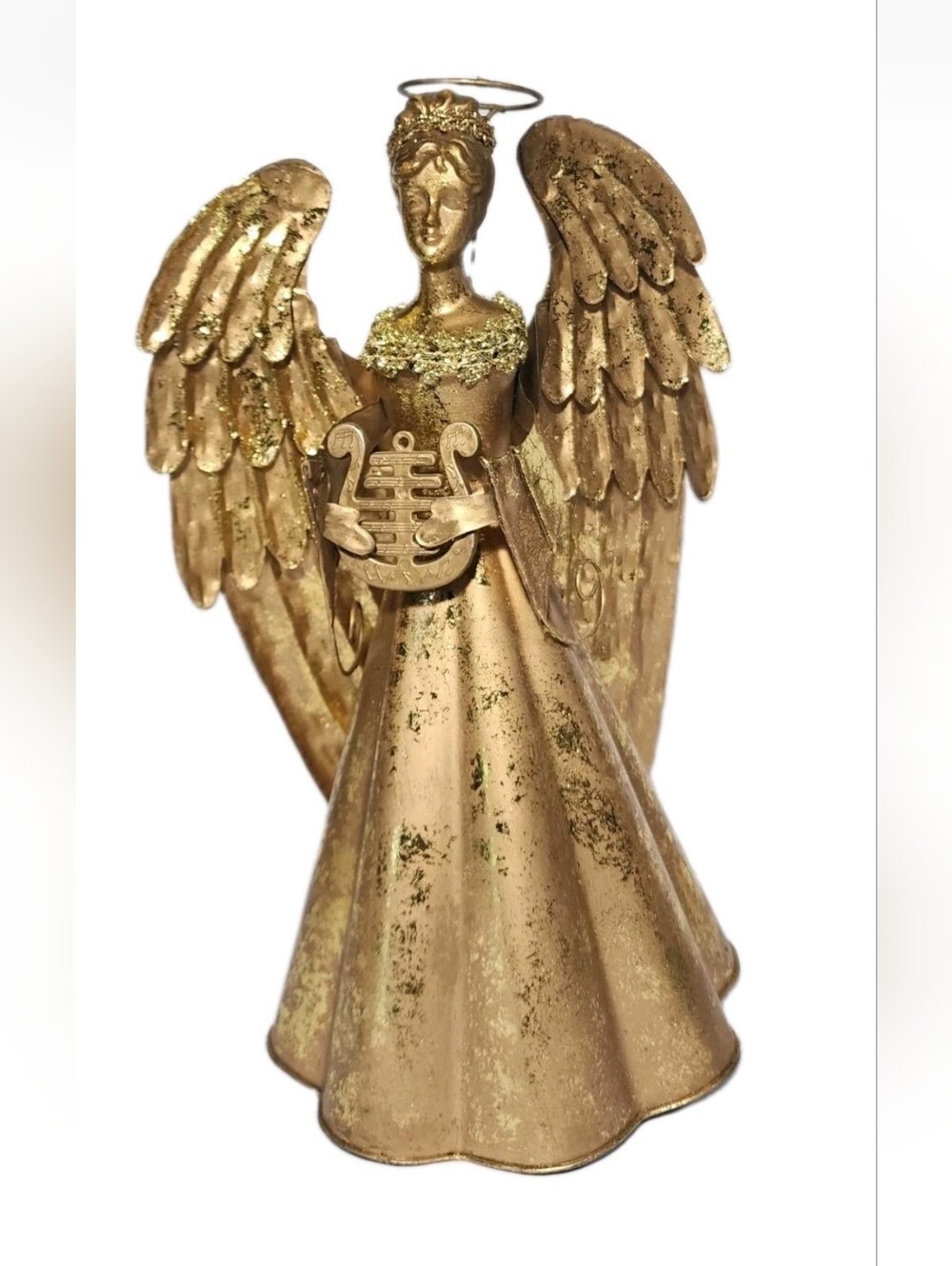 Gold Flaked Metal Tin Angel Tree Topper Or Decorative Figurine 13.5" Christmas